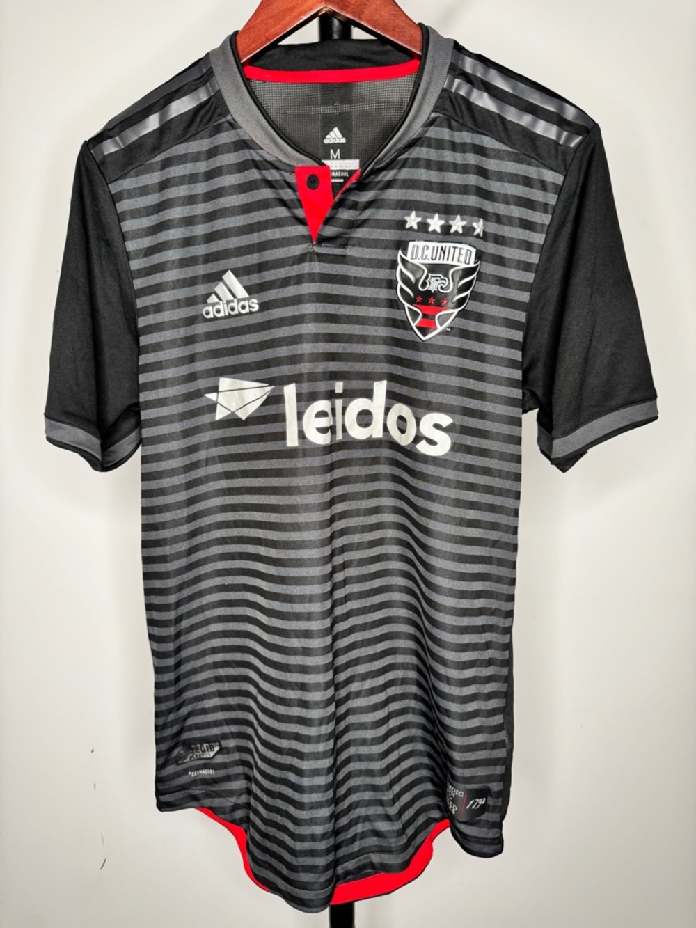 adidas Men’s D.C. United Black & Gray Striped Soccer Jersey with Red Trim